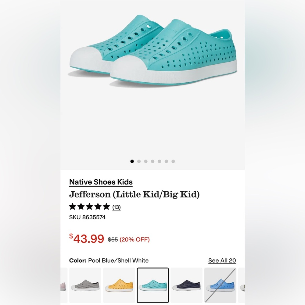 Native Shoes Kids Jefferson Aqua and White Sneakers